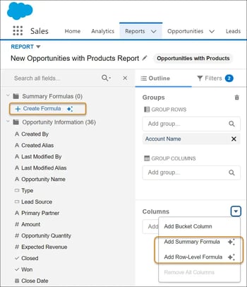 To edit a report, choose Create Formula from the Fields panel, or select either Add Summary Formula or Add Row-Level Formula from the Columns menu.