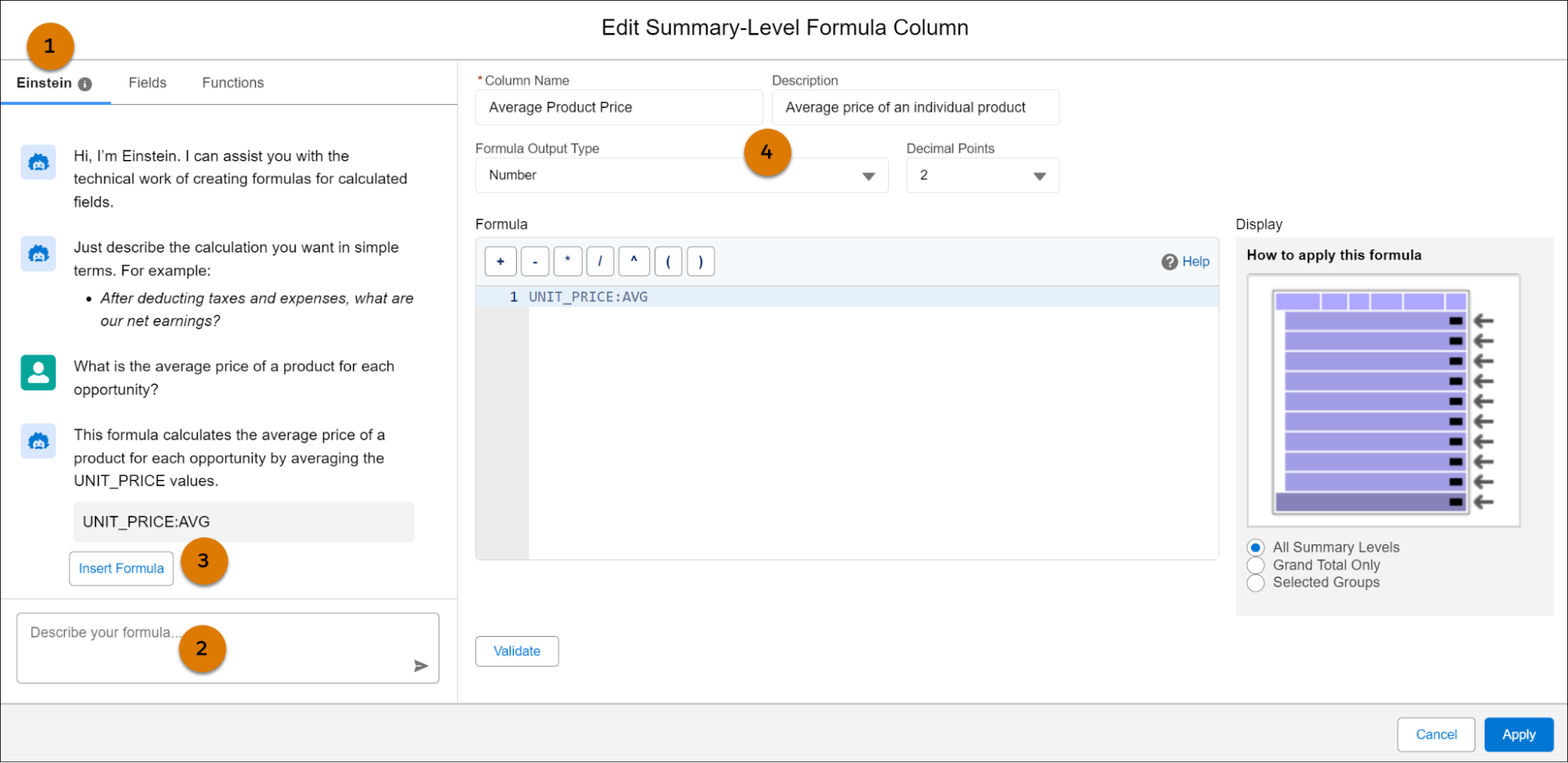 1. Navigate to the Einstein tab. 2. Enter the calculation you need. 3. Once you're satisfied with the suggested formula, click "Insert Formula." 4. Einstein will automatically populate the fields for you.