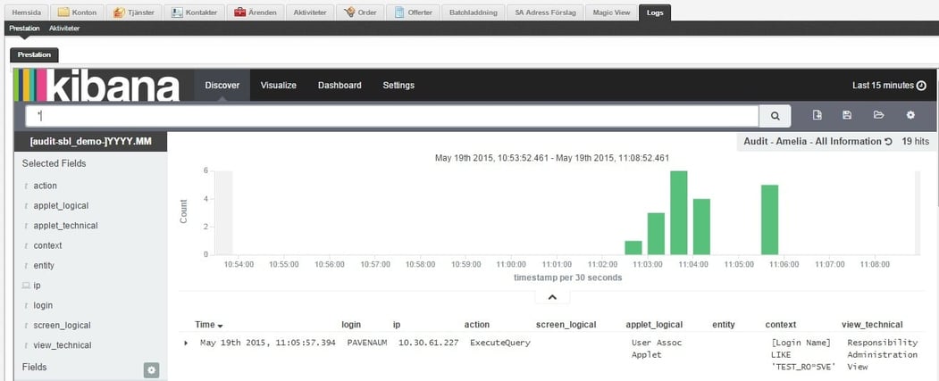 Siebel action logging with Kibana