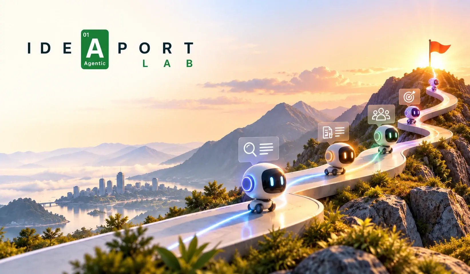 Small robots travel a glowing path up a mountain towards a flag at sunrise